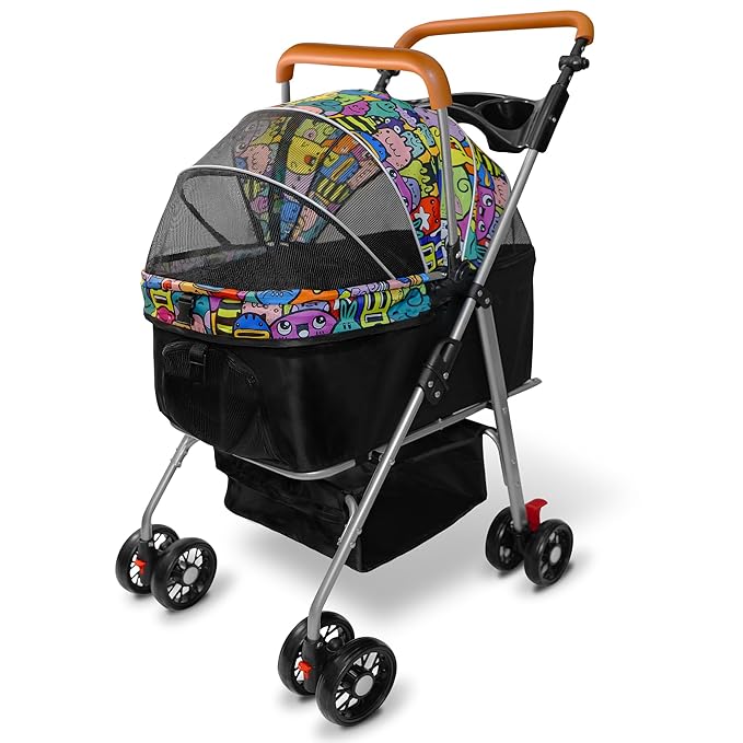 Pet Stroller with Storage Basket and Cup Holder, Folding Dog Jogger, Foldable Cat Stroller, 3 in 1 Puppy Kitten Cart, Pet Jogger for Medium Dog Cat (Magic Black)-Mewly Pet