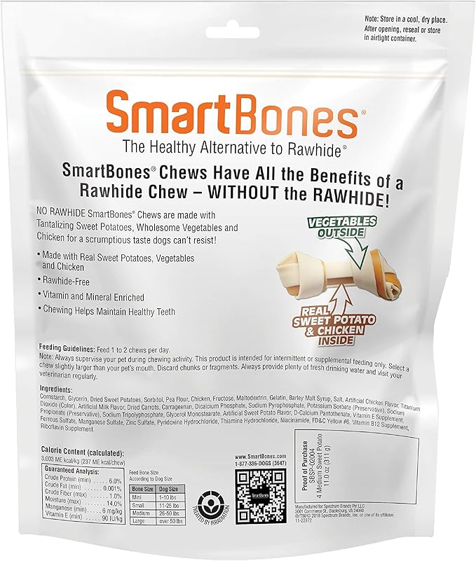 SmartBones Medium Chews With Real Sweet Potato 4 Count, Rawhide- Free Chews For Dogs-Mewly Pet
