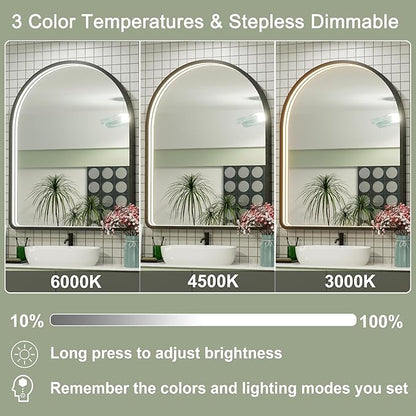40x30 Inch LED Bathroom Mirror with Lights, Adjustable 3000K/4500K/6000K, Arched Black Frame Lighted Bathroom Vanity Mirror, Anti-Fog, Dimmable, Wall Mounted
