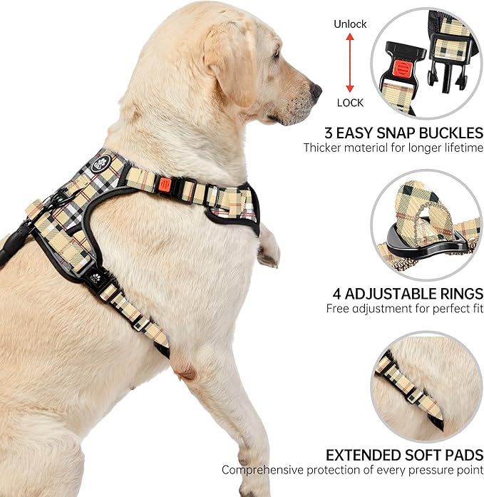 NESTROAD No Pull Dog Harness with Leash, Reflective No Choke Pet Vest Harness,Adjustable Soft Padded Dog Harness with Easy Control Handle for Large Dogs(Checkered Beige,Large)-Mewly Pet