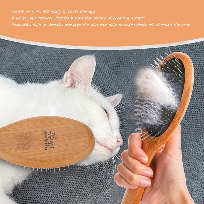 ClumsyPets Dog & Cat Ball Pin Slicker Grooming Brush with Bamboo Handle for Pets Massage Bath and Removes Mats Loose Fur Hairs-Mewly Pet