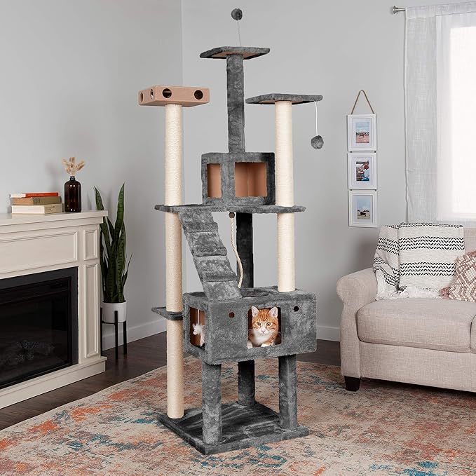 Furhaven 69.3" Tall Cat Tree for Indoor Cats, Ft. Sisal Scratching Posts, 2x Cat Condos, & Toys - Tiger Tough Double Decker Interactive Playground Tower - Silver Gray, One Size-Mewly Pet