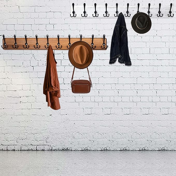 WEBI Rustic Coat Rack Wall Mount,Solid Wood Coat Hooks Wall Mounted Coat Hanger,16" Hole to Hole,Hook Rack Rail,5 Triple Hooks for Hanging Coats,Jacket,Clothes,Brown
