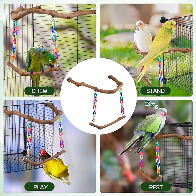 Bird Swing Toys, Standing Bird Perch with Natural Grape Wood, U Shape Hangable Birdcage Accessories, Birds Chewing Toy for Budgerigars, Parakeets, Cockatiels, Conures, Lovebirds, Finches (1Pack)-Mewly Pet