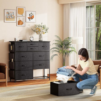 10 Drawer Dresser, Chest of Drawers for Bedroom, Fabric Dresser Drawers with Side Pockets, Hooks, Wooden Top and Sturdy Metal Frame for Living Room, Closet, Hallway, Nursery (Grey)