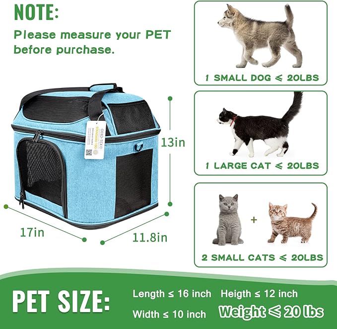 Large Cat Carrier for 2 Cats Soft Side Pet Carrier for Kitten Small Dog Collapsible Travel Small Dog Carrier, TSA Airline Approved Carrier for Large Cats 20 lbs, Blue-Mewly Pet
