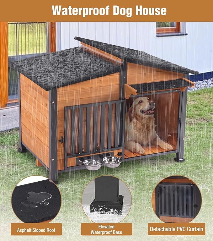 GUTINNEEN Heated Dog House Outdoor with Electric Heating Pad, Insulated Wooden Dog Kennel with 360° Rotating Feeding Bowl, Anti-Chewing Metal Frame, Natural Wood Color-Mewly Pet