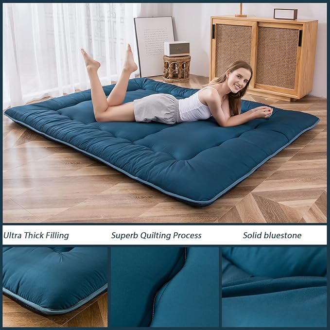 MAXYOYO Japanese Floor Mattress Futon Mattress, Thicken Sleeping Pad Foldable Roll Up Floor Futon for Adults Tatami Mat Dormitory Bed Lounger, Bluestone, Queen Size