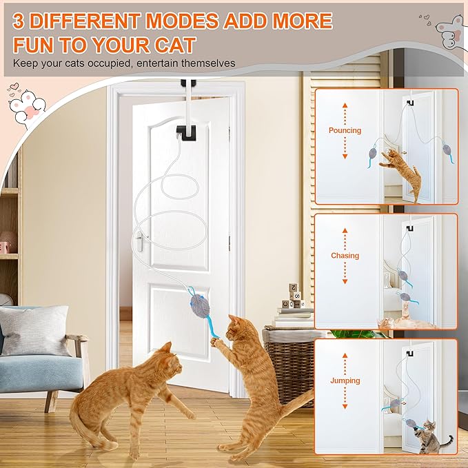 Cat Toy, Upgraded Smart Interactive Cat Toys with Remote Control, USB Rechargeable Door Hanging Retractable Kitten Toy for Self Play, Teaser Electronic Feather Cat String with 3 Plush Mice-Mewly Pet