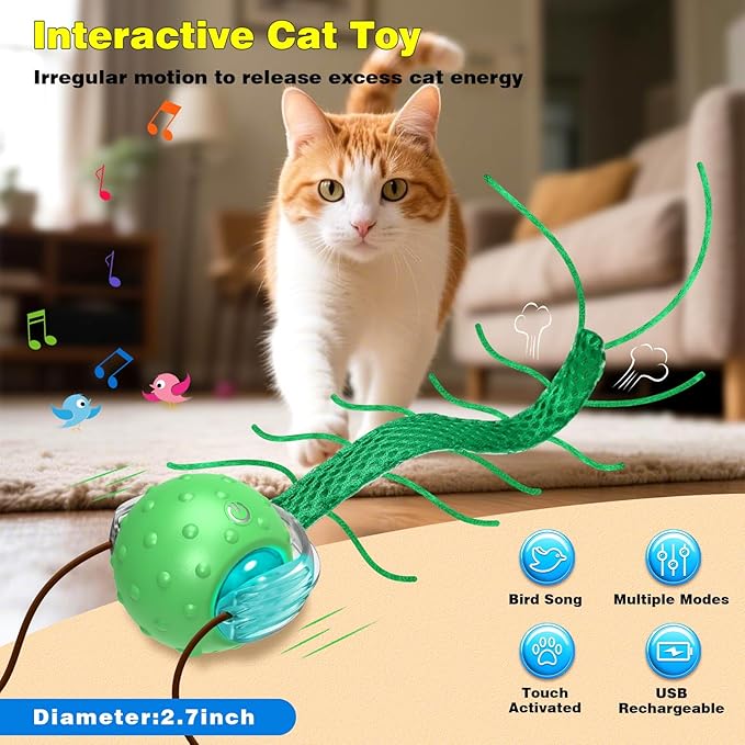 Interactive Cat Toys for Indoor Cats, Moving Cat Ball with Tail, Fast Rolling on Carpet, Chirping & Motion Activate Toy for Bored Indoor Adult Cats-Mewly Pet