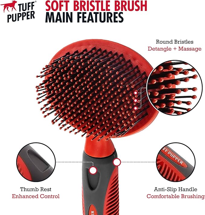 Tuff Pupper Round Bristle Soft Brush for Dogs and Cats | Gentle Grooming for Short or Long Hair | Soft Pin Tool for Sensitive Skin | Detangle & Remove Loose Fur | For Dematting & Detangling Undercoat-Mewly Pet
