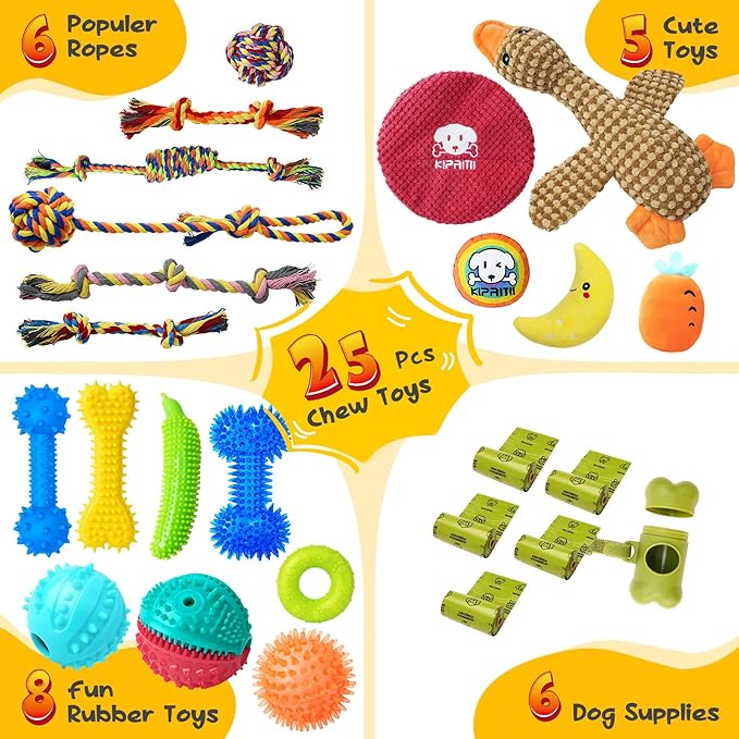 KIPRITII Puppy Teething Chew Toys -25 Pack Dog Chew Toys with Rope Toys, Dog Treat Balls & Squeaky Toy for Puppy and Small Dogs-Mewly Pet