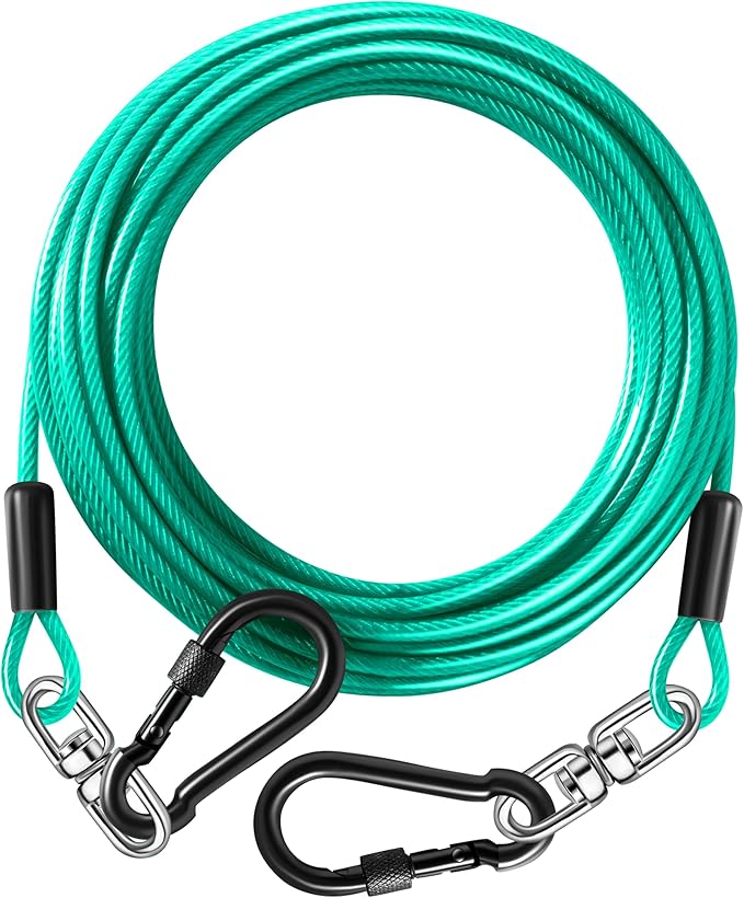 Dog Tie Out Cable 15FT-500Lbs,Heavy Duty Dog Leads&Tether for Yard with Swivel Hook,Small Large Dogs Leash Line for Outside,Rust Chew Proof Dogs Run Cable for Outdoor Camping (Green Cyan, 15FT)-Mewly Pet