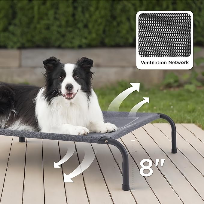 Bedsure Outdoor Elevated Dog Beds for Small Dogs, Portable Indoor & Outdoor Cooling Raised Cot Pet Hammock Bed with Skid-Resistant Feet, Frame with Breathable Mesh, Grey, 35 inches