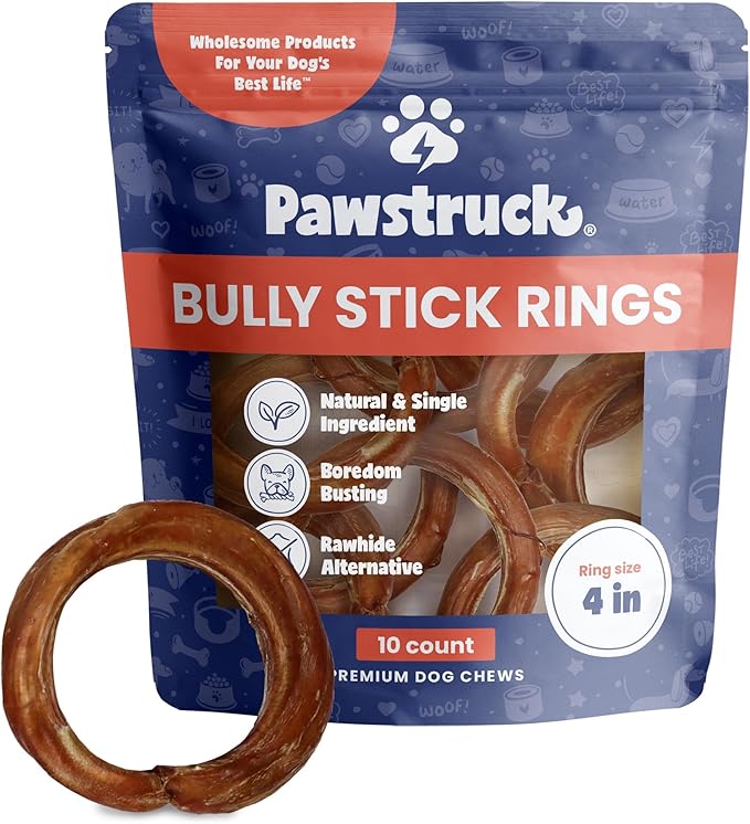 Pawstruck All-Natural 4" Bully Stick Rings for Dogs - Rawhide-Free, 100% Beef, Single Ingredient Dental Chew Bones - Fully Digestible, Low Odor - 10 Count - Packaging May Vary-Mewly Pet