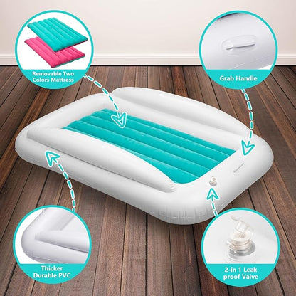 Inflatable Toddler Travel Bed, Portable Toddler Bed | Kids Air Mattress with Sides | Reversible 2 Colors Kids Blow Up Mattress -Mint Green & Pink