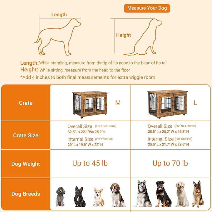 Lulive Dog Crate Furniture, Dog Kennel Indoor Double Doors Wooden Dog Cage, 32'' Heavy Duty Dog Crate with Cushion & Wheels, Decorative End Table Pet House Chew-Resistant for Medium/Small, Brown-Mewly Pet