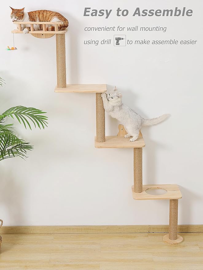 Cat Tree Wall Mounted with 4 Levels Shelves, 73" Wood Corner Tower Inside Kitten Scratching Post for Climbing,Perching and Lounging (Right to Left)-Mewly Pet