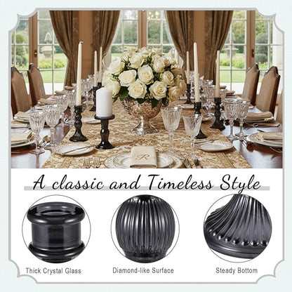 Mumufy 10 Pcs Glass Crystal Taper Candle Holders Clear Glass Candlestick Holder Fit 0.8 Inch Candles Crystal Decorative Candle Stand Centerpiece Table Wedding Dining Party (Classic,Black)