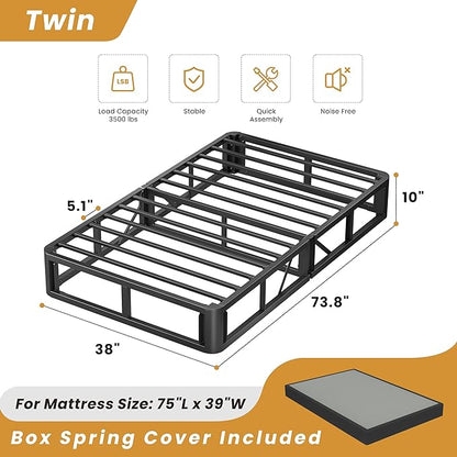 MAF 10 Inch Twin Box Spring, High Profile Box Spring Twin Siz 3500 lbs Black Heavy Duty Metal Mattress Foundation with Easy Clean Fabric Cover, Easy Assembly