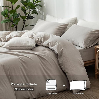 MooMee Bedding Duvet Cover Set 100% Washed Cotton Linen Like Textured Breathable Durable Soft Comfy (Heathered Cream Grey, Super Queen 90"x98")