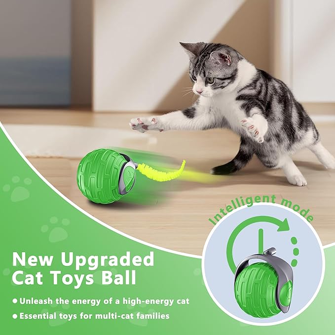 Cat Toys,Interactive Cat Toys Ball for Bored Indoor Cat,Automatic Rolling,Drop Resistant and Obstacle Avoidance,2 Modes Adjustment,Fluffy Tail and USB Type-C Rechargeable（Green）-Mewly Pet
