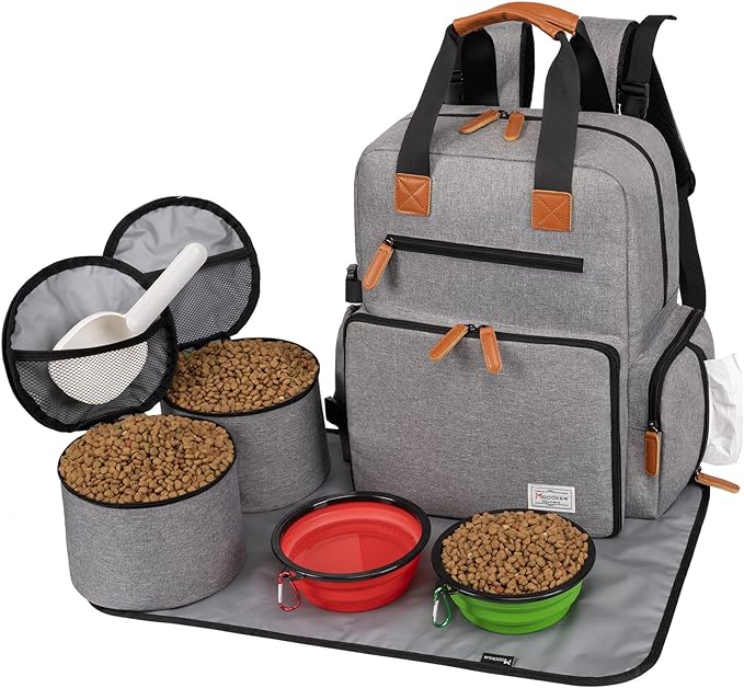 Modoker Dog Travel Bag, Airline Approved Backpack for Pet Accessories Organizer, Tote Weekend Bag with 2 Dog Food Storage Containers, 2 Collapsible Dog Bowls, 1 Pet Mat, Grey-Mewly Pet