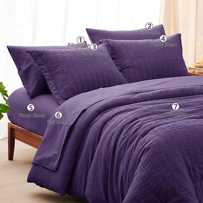 CozyLux King Size Comforter Set Purple Seersucker 7 Pieces Bed in a Bag King Comforter Set with Sheets, Luxury Soft Bedding Set with Down Alternative Comforter, Sheets, Pillowcases & Shams All Seasons