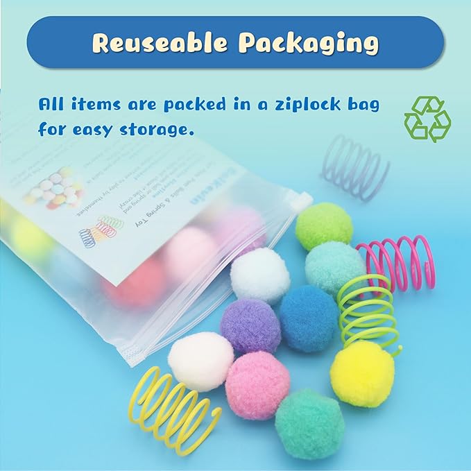 30 Pcs Premium Silent Cat Pom Pom Balls, Interactive Lightweight Assorted Colors Fuzzy Toy Balls (1.2 inches), with 4 Pcs Cat Spring Toy for Indoor Kitten Playing Exercising-Mewly Pet