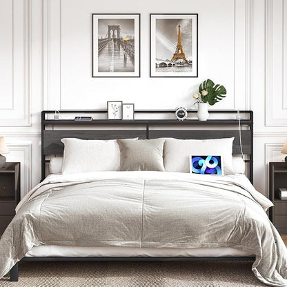 HOOBRO King Size Headboard, Headboard with 2 Outlets and 4 USB Ports, Adjustable Height, Storage Rack, Sturdy and Stable, Easy Assembly, Charcoal Gray and Black