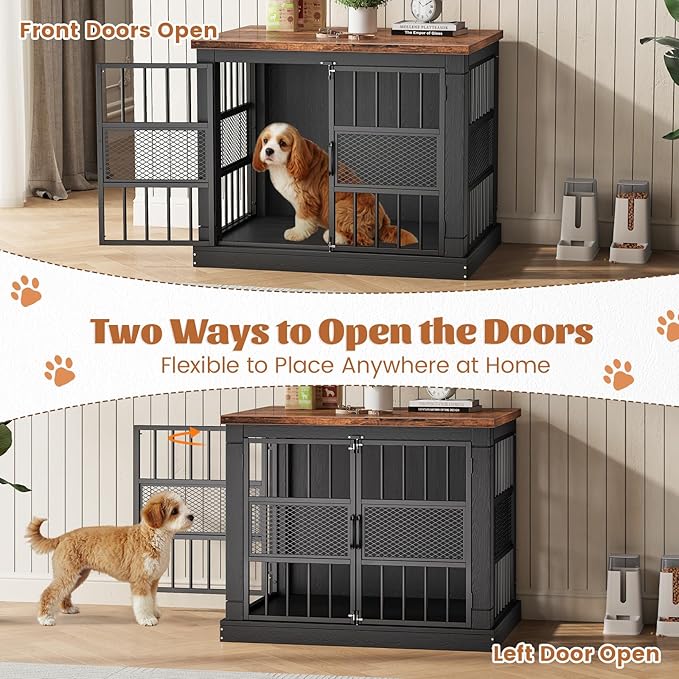 VOPEAK 27.5" Dog Crate Furniture, Chew Resistant Dog Crate for Small Dogs Puppy, Heavy Duty Dog Crates Dog Kennel Cage Indoor with Double Doors, Wooden End Table for Bedroom Living Room, Black-Mewly Pet