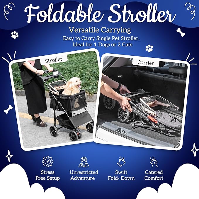 Pet Stroller with 4 Rolling Casters for Pets – Lightweight Multifunctional Travel Stroller with Mesh Windows, Cup Holder, Sun Shades & Storage Pocket for Puppy and Kitty-Mewly Pet