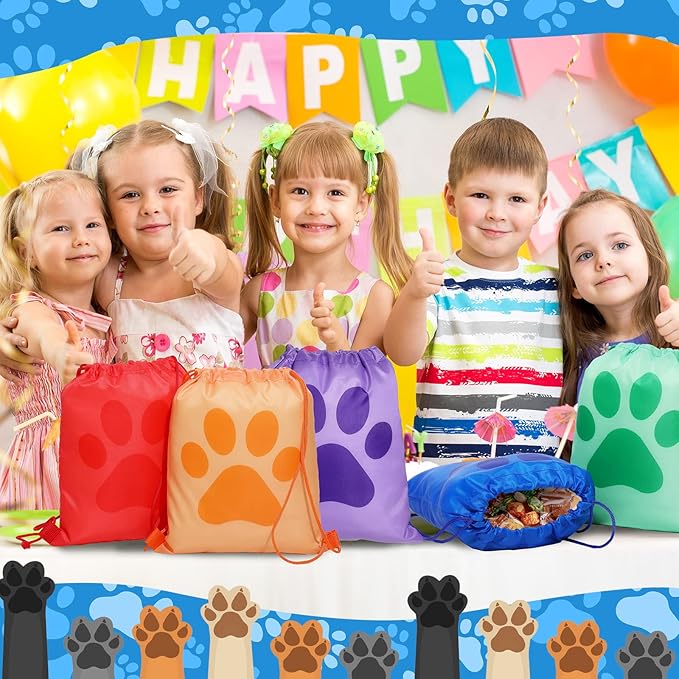 Yerliker 14 Pieces Paw Print Drawstring Bags Cute Paw Print Bags Bulk Reusable Dog Themed Party Favor Backpack Set Puppy Themed Drawstring Goodie Backpack with String for Birthday Gift Supplies-Mewly Pet
