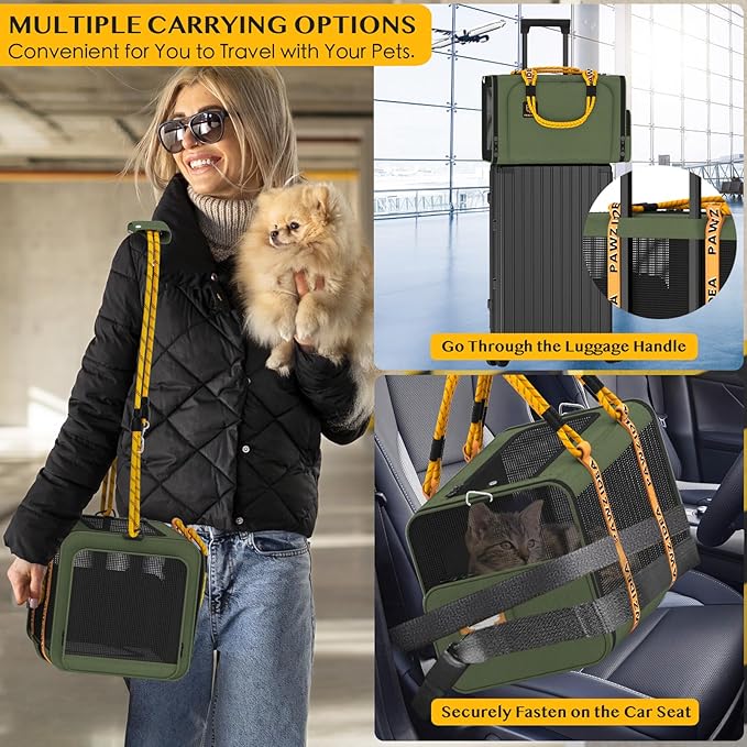 PAWZIDEA Expandable Pet Carrier with Wheels, 18X11X11 TSA Airline Approved Cat Carrier w/ID Card for 2 Cats, Small Dog Carrier Car Seat Travel Bag, Max Weight Recommendation 18 lbs，Green-Mewly Pet