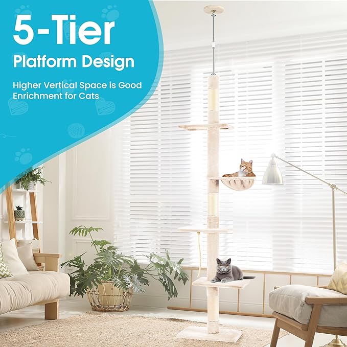 Cat Tree 5-Tier Floor to Ceiling, 89-109 Inch Adjustable Height Cat Tower with Cozy Hammock, Cat Climbing Tree for Indoor Cats, Beige-Mewly Pet