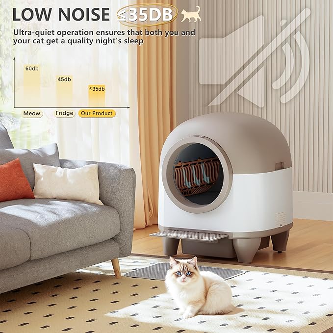 WARCAT Self Cleaning Litter Box Automatic, 90 L Automatic Cat Litter Box for Multiple Cats APP-Controlled with Smart Sensors, Safety Protection,Mat,1 Roll Garbage Bag (Brown)-Mewly Pet