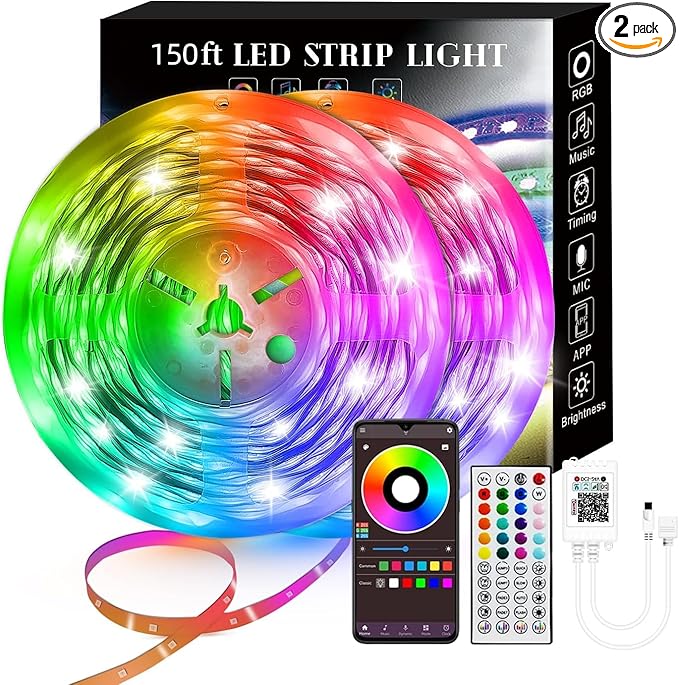 150FT Smart LED Strip Lights (2 Rolls of 75ft), RGB Strip Lights Sync to Music with 40 Key Remote Controller LED Lights for Bedroom,Christmas Lights decration (Multi-Colored, 150FT)