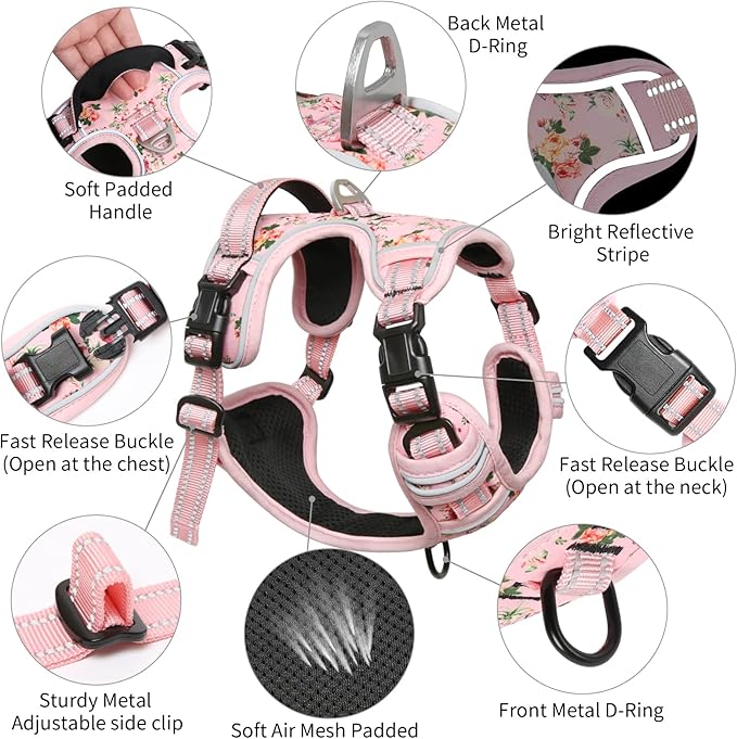 Timos Dog Harness, No-Pull Pet Harness with 2 Leash Clips, Adjustable Soft Padded Dog Vest, Reflective Outdoor Pet Oxford Vest with Easy Control Handle Pink XS-Mewly Pet