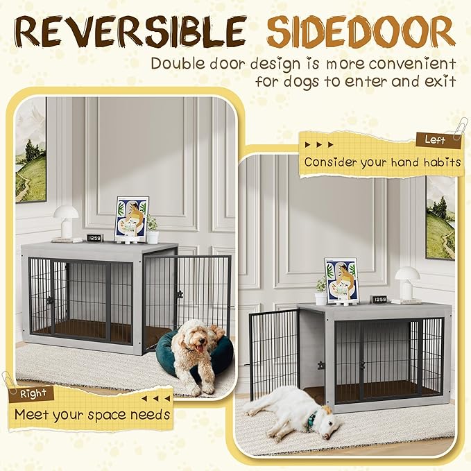 Bigrab Dog Crate Furinture with Thick Cushion, Side End Table Wooden Dog Cage with Double Doors, Chew-Resistant Dog Kennel Dog House Indoor for Small to Large Dog, L (Grey)-Mewly Pet