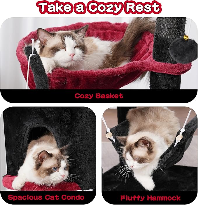 Gothic Cat Tree, Cat Tower for Large Cats with 2 Big Platforms, 2 Baskets, condo and Toys, 63" Cat Scratching Posts for Indoor Cats, Black and red GCT020BR-Mewly Pet
