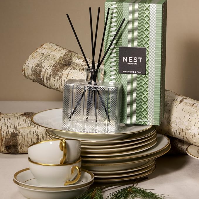 NEST New York Reed Diffuser, Birchwood Pine - 5.9 fl oz - Fragrance for Up to 90 Days - Reusable, Refillable Glass Holder - Includes 8 All-Natural Reed Sticks - Flame Free