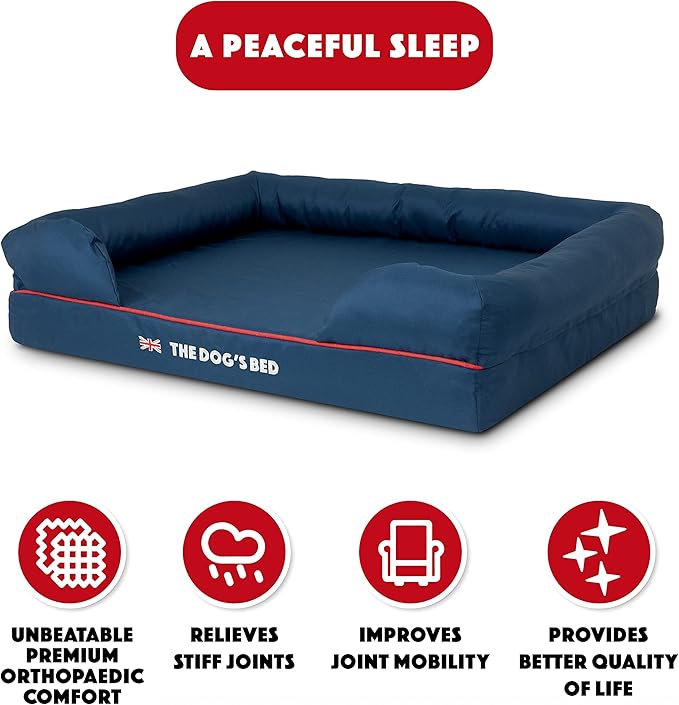 The Dog’s Bed Orthopedic Dog Bed Large Blue Oxford with Red Trim UK Flag Dog Bed 36x27 Memory Foam, Pain Relief: Arthritis, Post Surgery, Lameness, Veterinary Approved, Waterproof Washable Cover-Mewly Pet