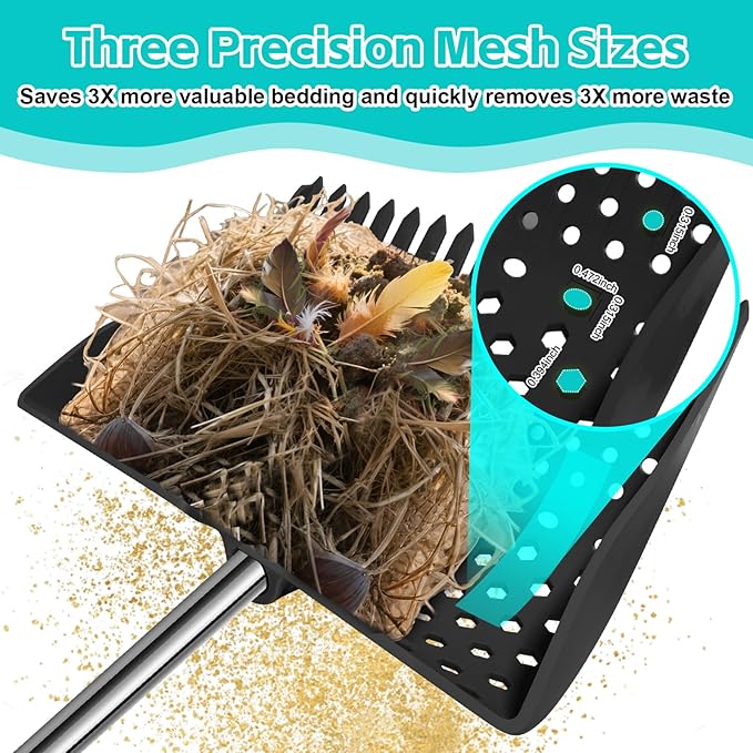 12-Inch 2-in-1 Chicken Poop Scooper & Rake – US Patent Pending – 3-Shape Sifting Holes Chicken Coop Rake，Stainless Steel Handle （20–61"）– Litter Scoop Sand & Sifting Shovel for Chicken Coops (Black)-Mewly Pet