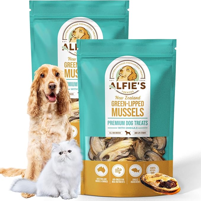 ALFIE'S TREATOS Green Lipped Mussels for Dogs & Cats (5.3 oz, 2x2.65 oz), Value Bundle, Air-Dried Dog Treats, Natural Supplement & Omega-3 Food Topper, Single Ingredient, Freeze-Dried Alternative-Mewly Pet