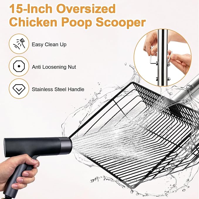 15" Chicken Poop Scooper & Rake, Metal Chicken Coop Scoop for Poop with 24 to 68" Adjustable Stainless Steel Handle, Litter Scooper Sifting Shovel Chicken Coop Accessories-Mewly Pet