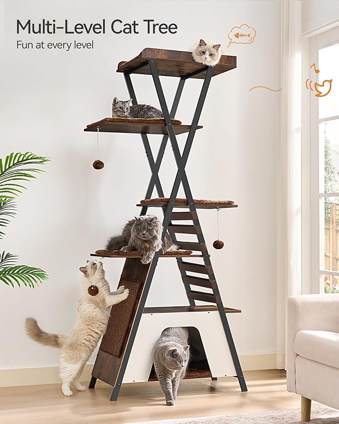 FourFurPets 72.4" Modern Cat Tower for Indoor Cats - Multi-Level Condo With Caves, Tall Tree With Scratching Board, Wooden Tower With Large Perch, Removable Pads, Rustic Brown-Mewly Pet