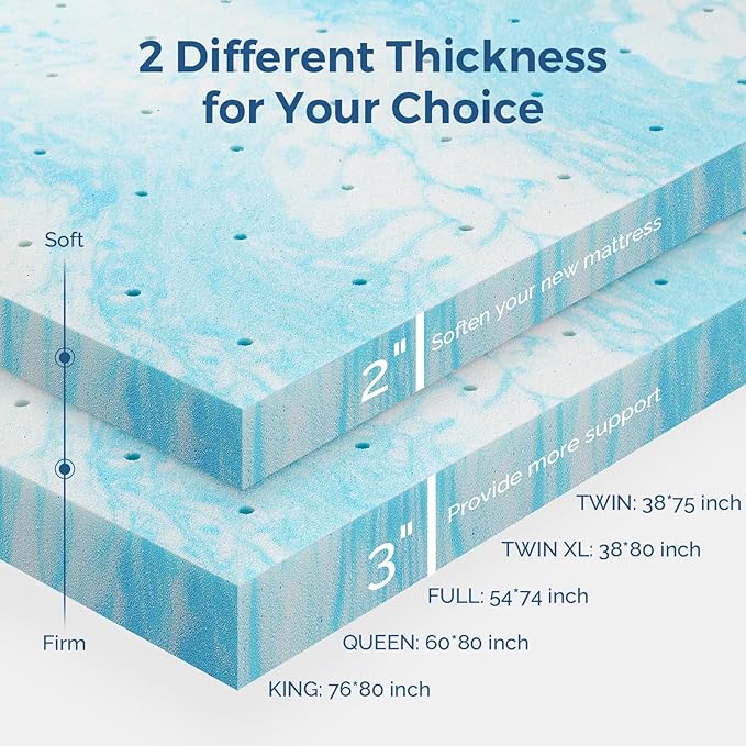 Mattress Topper Queen, 3 Inch Gel Memory Foam Bed Topper for Queen Size Bed, CertiPUR-US Certified, Blue