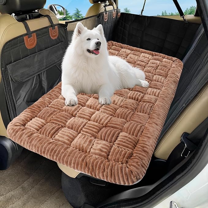 Dog Car Bed Mat, Non-Slip Backseat Extender Pet Blanket, Plaid Dog Bed for SUVs, Sedans & Trucks, Chew-Resistant Travel Pad for Dogs, Easy Clean & Scratch-Proof & Comfort (50"x24.6") Brown-Mewly Pet