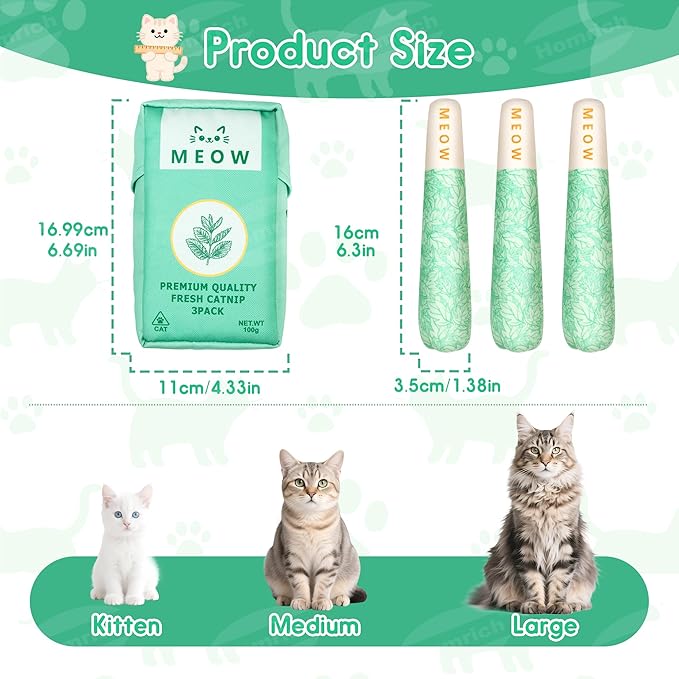 Homrich Catnip Toys for Cats, 3-Pack Funny Cat Toys Filled with 100% Pure Organic Catnip, Safe Kitten Teething Chew & Kicker Toys - Interactive Cat Toys for Bored Indoor Adult Cats-Mewly Pet