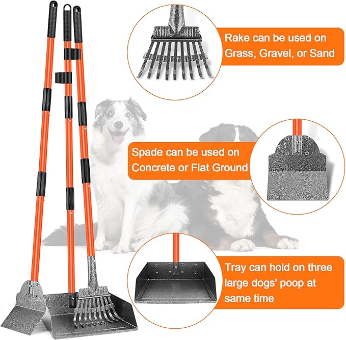 TNELTUEB Scooper Adjustable Long Handle Metal Tray Rake and Spade Poop Scooper for Dogs Pack Poop Scoop Pet Waste Removal Poop Scoop for Large Dogs and Pets Great for Lawns Grass Gravel-Mewly Pet